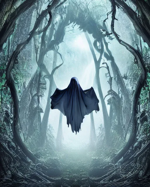 Prompt: a dementor flying through a ravenous, horrific portal to hades embedded in a creepy tree in a densely overgrown, magical jungle, fantasy, dreamlike sunraise, stopped in time, dreamlike light incidence, ultra realistic