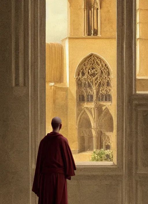 Image similar to oil painting of a dominican monk in brown robes, looking out of a monastery window contemplatively, a majestic cathedral in the background, digital art, artstation, cinematic, golden hour, digital art painting by greg rutkowski