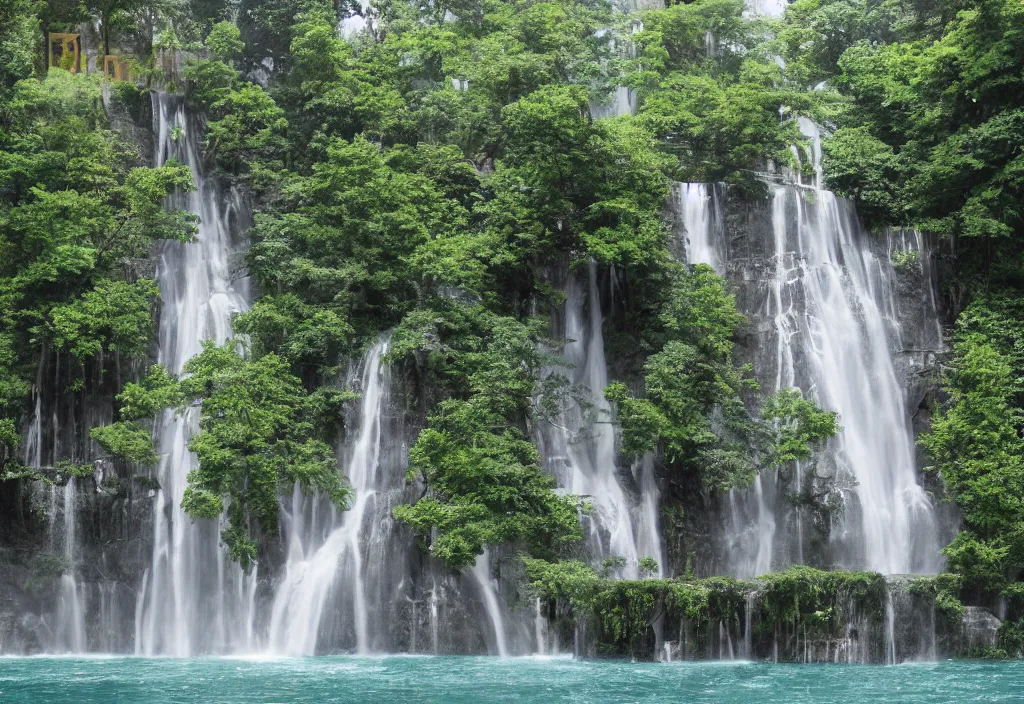 Image similar to outdoor design, 行 云 流 水, a waterfall in the middle of two buildings, high details, 4 k, panorama