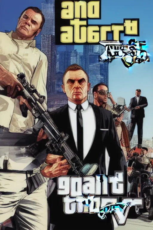 Image similar to GTA V cover art based on James Bond, starring 007 James Bond