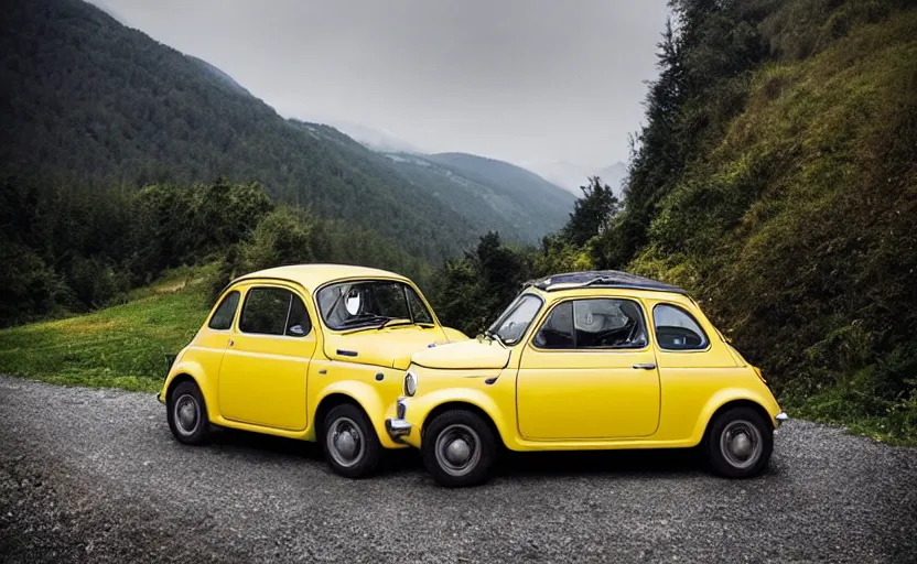 Prompt: A very beautiful photo of one old yellow Fiat 500 racing on a mountain road