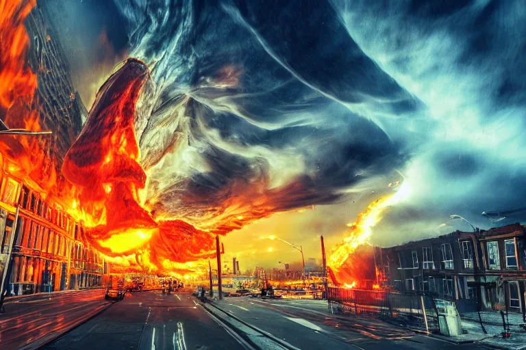 Image similar to destructive fire tornado in the city, photorealistic, highly detailed, sharp focus, vivid, colorful, symmetrical, random, convoluted, mind - blowing, creative, fully functional, end of the world, physics defying, amazing, global warming, night sky