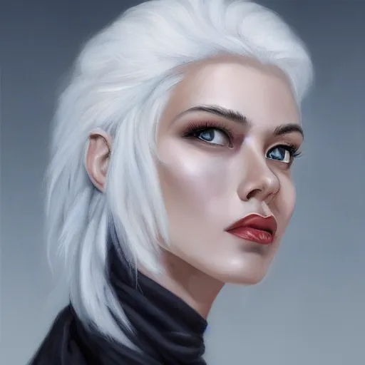 Prompt: a painting of a woman with white hair, a character portrait by pogus caesar, featured on cgsociety, photorealism, detailed painting, artstation hd, ultra detailed