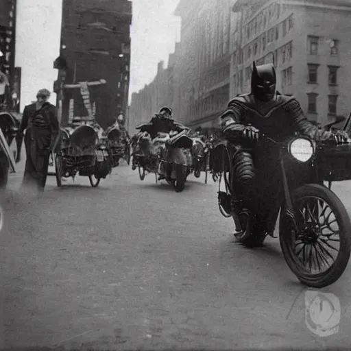 Image similar to old black and white photo, 1 9 1 3, depicting batman on a motorcycle from dark knight racing through the bustling streets of new york city, rule of thirds, three - point perspective, historical record