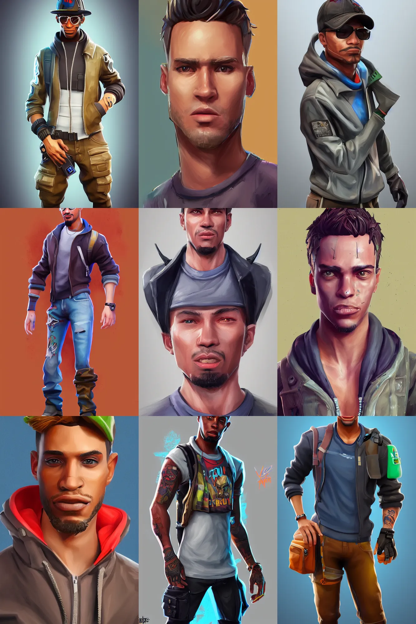 Prompt: a full body realistic concept art portrait digital painting of a single man dressed in 90s street clothing with face and body clearly visible, fortnite, valorant, artstation trending, high quality, happy mood, artstation trending, vibrant colours, no crop, no helmet, entire character, blank background, SFW,