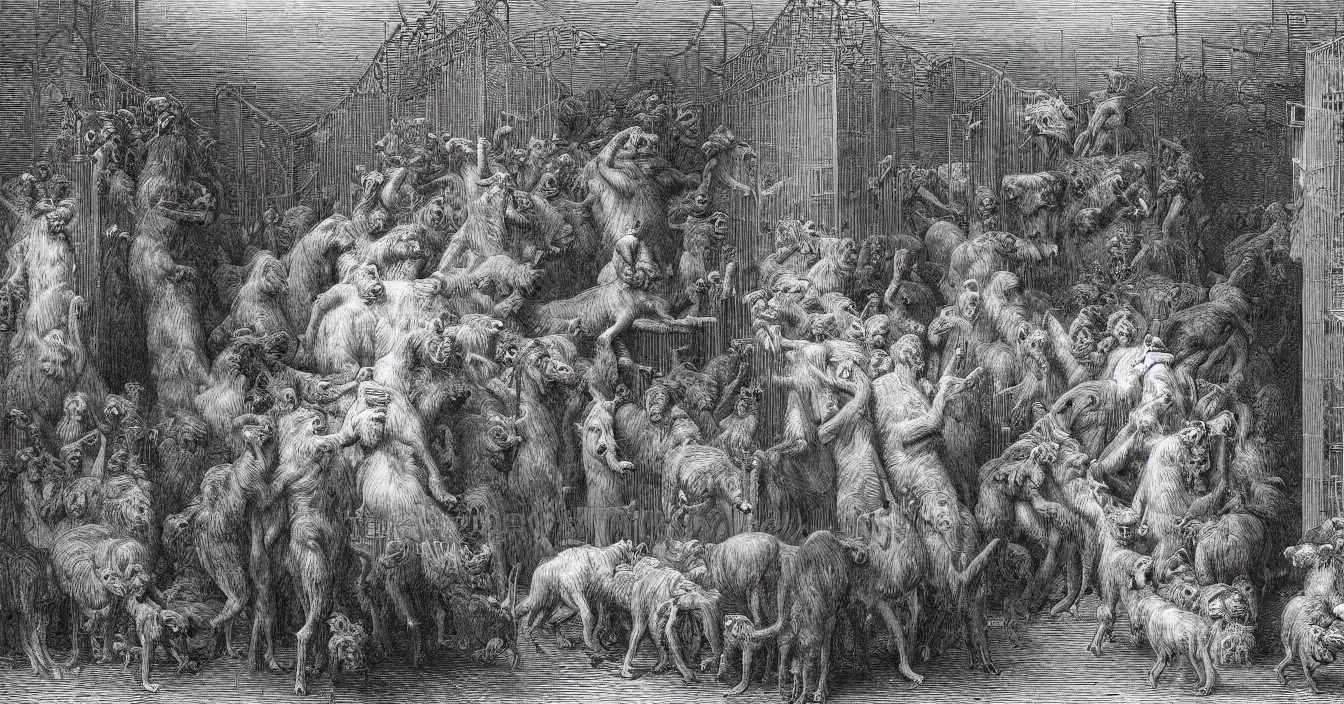 Prompt: One hundred politicians are locked in a cage in the zoo, the other animals are free to graze outside the cage, by Gustave Dore