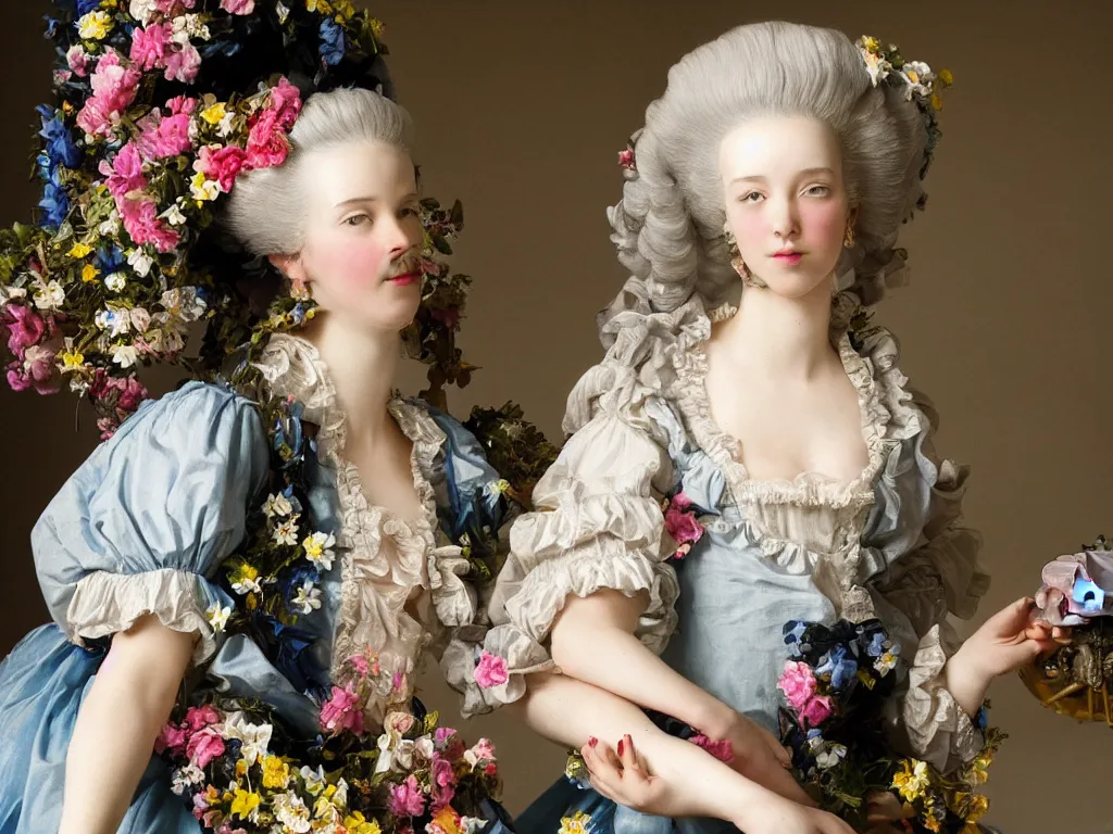 Image similar to robotic mechanic parts marie antoinette beautiful young woman with baroque wig with flowers