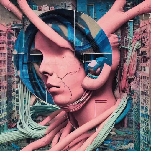 Image similar to Tristan Eaton & Greg Rutkowski, award winning masterpiece with incredible details, Zhang Kechun, a surreal vaporwave vaporwave vaporwave vaporwave vaporwave painting by Thomas Cole of an old pink mannequin head with cables and wires coming out of it's neck, sinking underwater, highly detailed