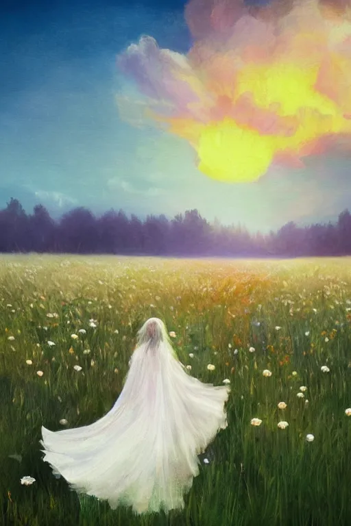 Image similar to giant white daisy flower veil, girl walking in a flower field, surreal photography, sunrise, dramatic light, impressionist painting, colorful clouds, digital painting, artstation, simon stalenhag