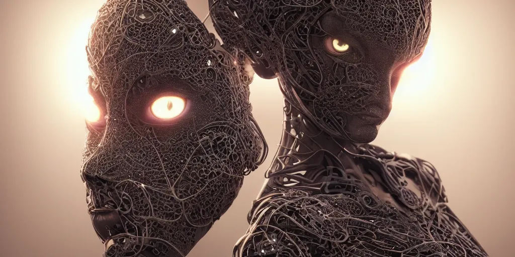 Image similar to ! dream hyperrealistic photography of a female cyborg humanoid, glowing eyes, holding, grasping, highly detailed intricate filigree, in the style of beth cavener, jin kagetsu, wlop,, symmetry, masterpiece, concept art, highkey lighting, ambient lighting, hard key light, octane render, 8 k, artstation