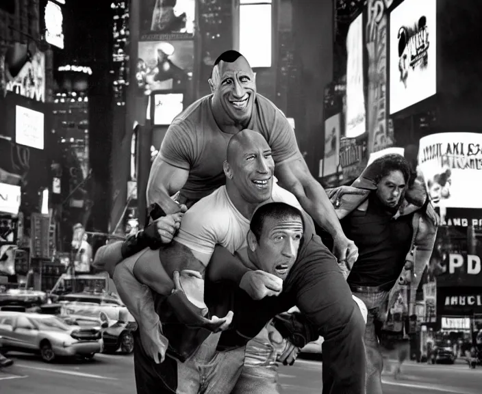 Image similar to Dwayne the Rock Johnson riding on Adam Sandler, Adam Sandler doing Methamphetamine at Times Square, Mew York City, photograph by Alfred Eisenstaedt, 4K, dramatic lighting; 4K 8K