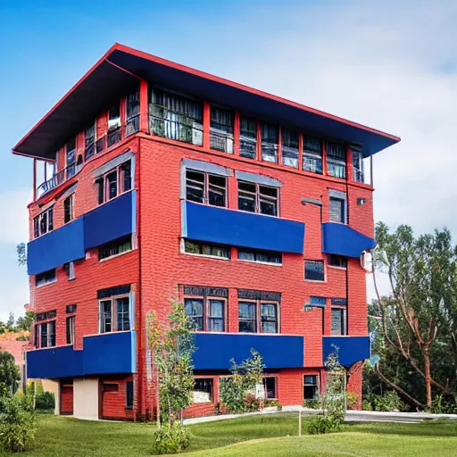 Image similar to tall 4 story house with blue wooden facade with dark red bricks on the roof in a valley