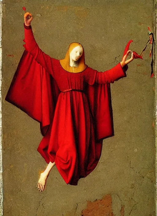 Image similar to Flying Fallen Angel dressed in red, Medieval painting by Jan van Eyck, Johannes Vermeer, Florence