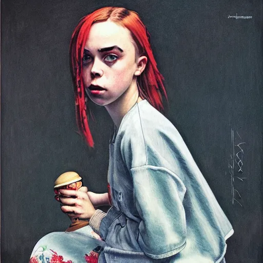 Image similar to norman rockwell painting of billie eilish full body, award winning painting, ultra detailed high quality