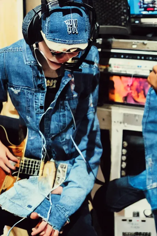 Image similar to Photo of hip hop cow in a denim jacket recording a hit single in the studio