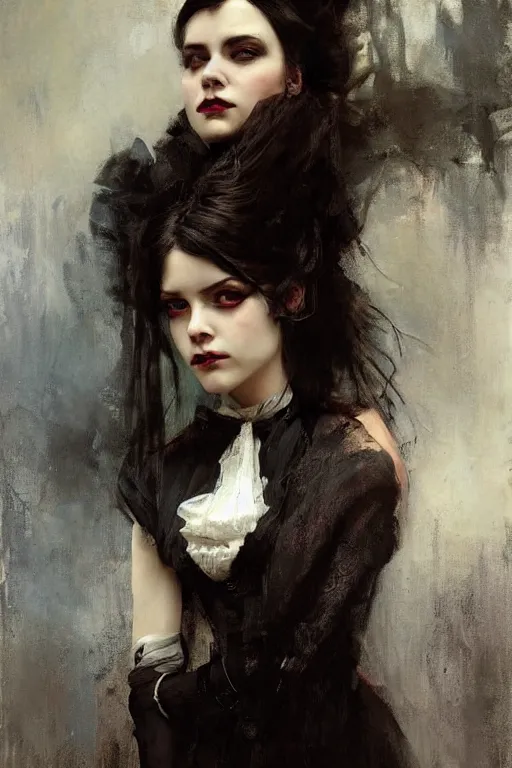 Prompt: Richard Schmid and Jeremy Lipking full length portrait painting of a young beautiful victorian steampunk vampire woman