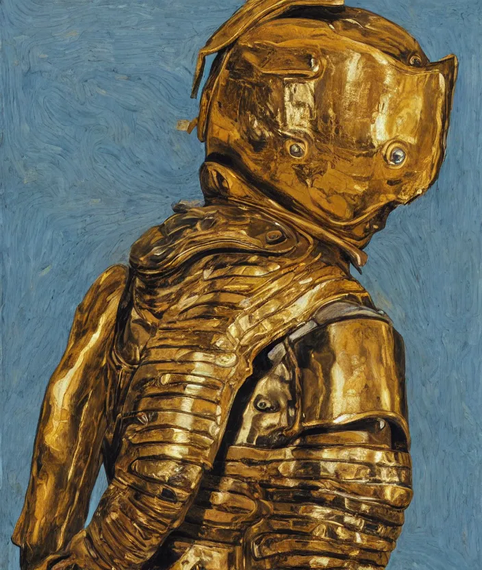 Prompt: indigenous man with a golden armour, painted by lucian freud, hd, super detailed, realistic, muted colors