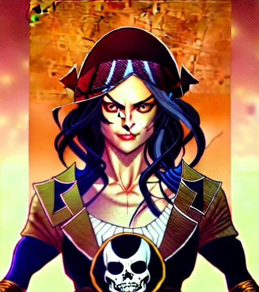 Image similar to artgerm, joshua middleton comic cover art, pretty pirate phoebe tonkin smiling, full body, symmetrical eyes, symmetrical face, long curly black hair, on a pirate ship background, warm colors