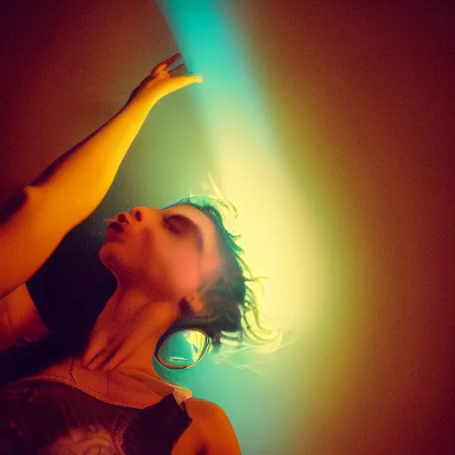 Image similar to photo of a beautiful woman lit from below with turquoise light and from above with golden orange light in the style of mandy moores in my pocket music video