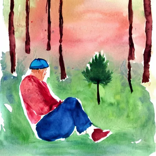 Prompt: watercolor and collage by eric carle, of the pope squatting on a toilet in the forest, peaceful mood