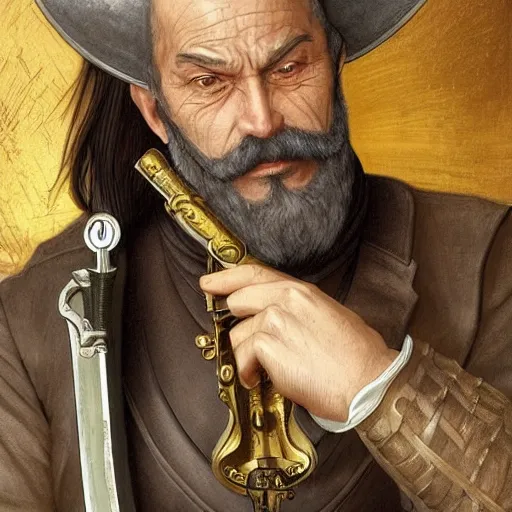 Image similar to “ a modern catholic priest, who looks like don quixote, black beard and moustache, with a revolver at his side, d & d, fantasy, intricate, cinematic lighting, highly detailed, digital painting, artstation, concept art, smooth, sharp focus, illustration, art by artgerm and greg rutkowski and alphonse mucha ”