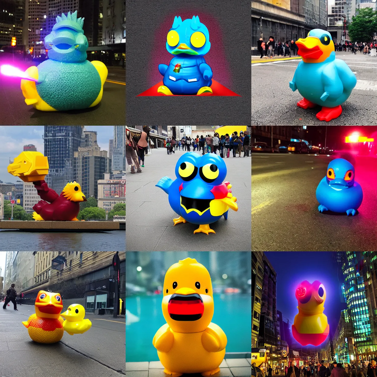 Prompt: a kaiju rubber ducky terrorising the city with his laser eyes