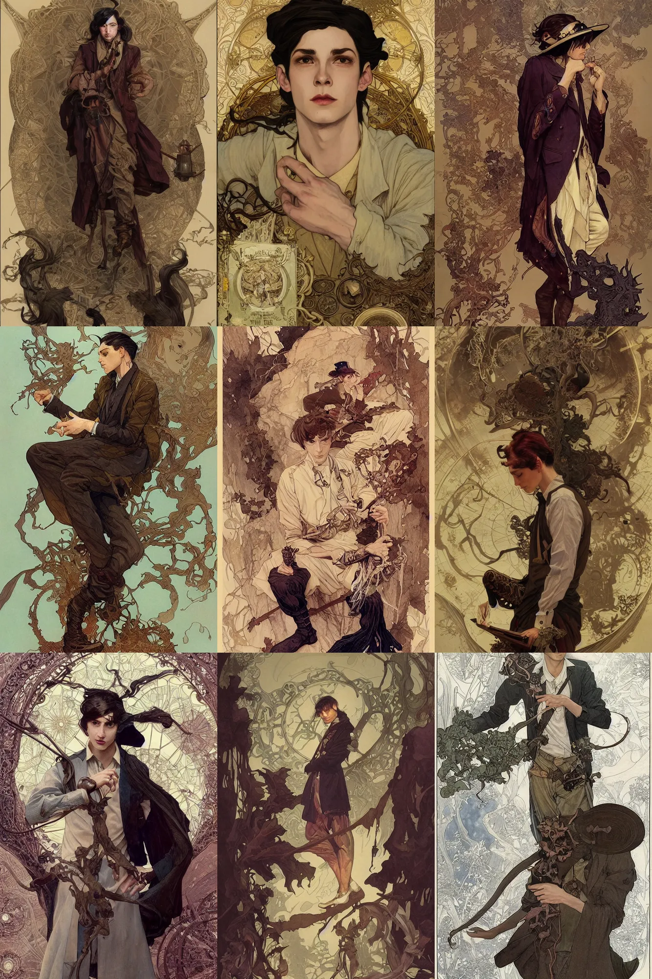 Prompt: thin young male alchemist, long dark hair, 1 9 2 0 s fashion, fantasy, highly detailed, intricate, smooth, art by joseph leyendecker, peter mohrbacher, ruan jia, marc simonetti, ayami kojima, cedric peyravernay, alphonse mucha, victo ngai, xision wu