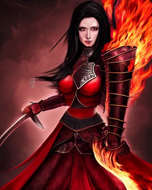 Image similar to digital art of a female warrior with black hair and red eyes, wearing red armor, holding a flaming sword