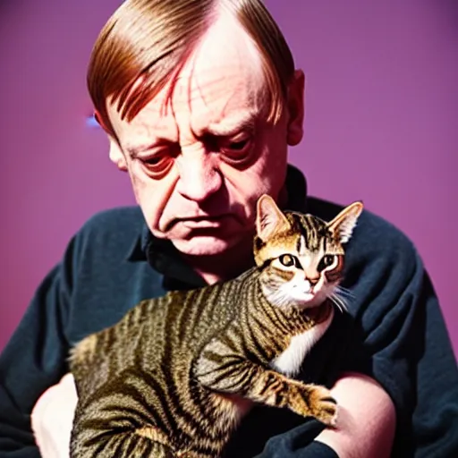 Image similar to mark e smith holding up a cat by the tail, sniffing the cat