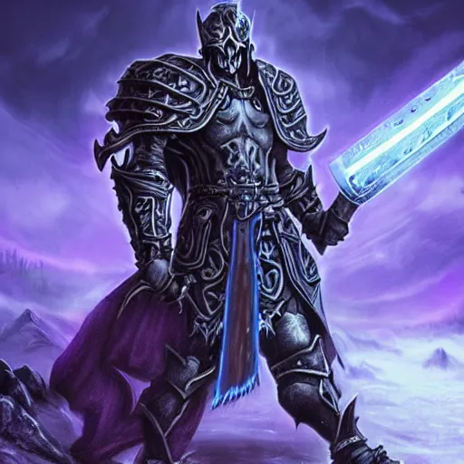 Prompt: death knight wearing a worn armor carved with death runes that emit a purple glow of energy, dual wielding a large sword carved with rings that emit an electric blue glowing smoke, he is walking along the valley of the forgotten