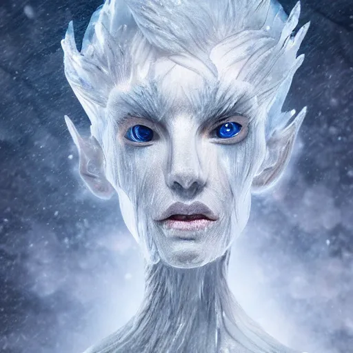 Image similar to a portrait photo of an ice elemental, human features, extremely detailed, beautiful portrait, fantasy art, face mad out of ice, ice person, photorealistic