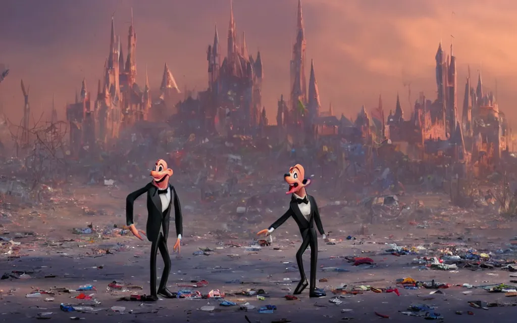 Prompt: a still from a disney animated film of jeff bezos dancing in a desolate wasteland, piles of trash scattered on the ground, city burning far in the background, 4 k