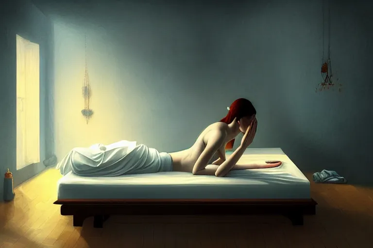 Prompt: girl meditating on the bed in her room, in the style of dariusz zawadzki, solarpunk, exact anatomy, atmospheric, clean, intricate and epic composition, dark by caravaggio, insanely quality, highly detailed, masterpiece, blue light, artstation, 4 k