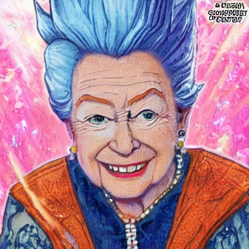 Image similar to Queen Elizabeth as a super saiyan