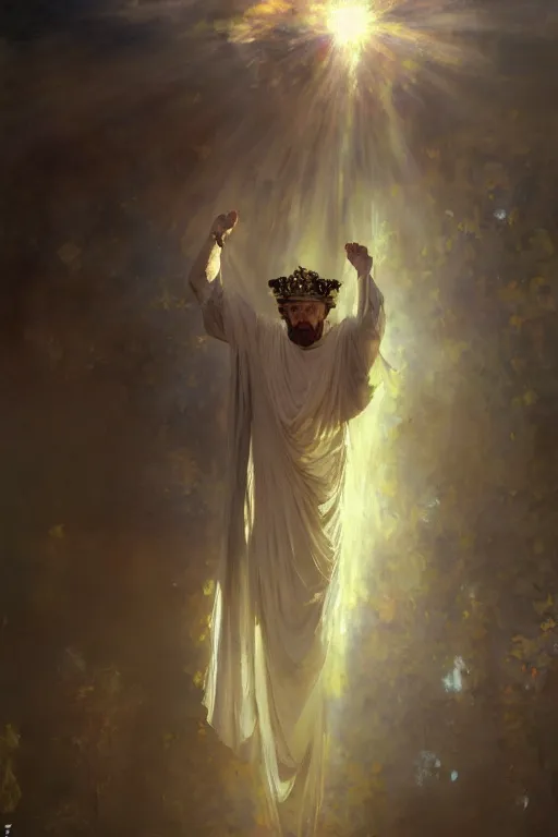 Image similar to beautiful impressionistic oil painting portrait of ancient roman god emperor steve buscemi ascending wearing the civic crown levitating in religious pose, art by anders zorn, wonderful masterpiece by greg rutkowski, expressive brush strokes, beautiful cinematic light, american romanticism by greg manchess, jessica rossier