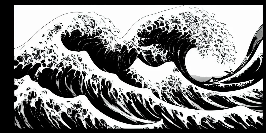 Image similar to the wave off kanagawa, in yoji shinkawa's art style, metal gear solid art style, highly detailed, 4 k, artistic, white background, b & w
