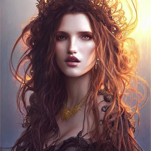 Image similar to ultra realistic illustration, bella thorne as witch, intricate, elegant, highly detailed, digital painting, artstation, concept art, smooth, sharp focus, illustration, art by artgerm and greg rutkowski and alphonse mucha