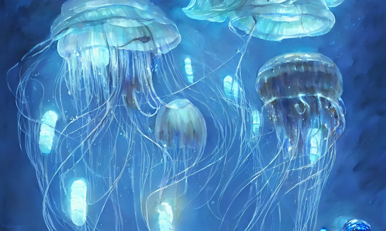 Prompt: detailed jellyfish in cyberpunc space, blue tones, underwater, full frame, highly detailed, digital painting, artstation, concept art, smooth, sharp focus, illustration, art greg rutkowski and alphonse mucha