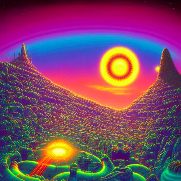 Image similar to cosmic third eye magical radiating temple, infinite psychedelic waves, synthwave, bright neon colors, highly detailed, cinematic, panoramic, tim white, michael whelan, roger dean, bob eggleton, lisa frank, vladimir kush, kubrick, kimura, isono