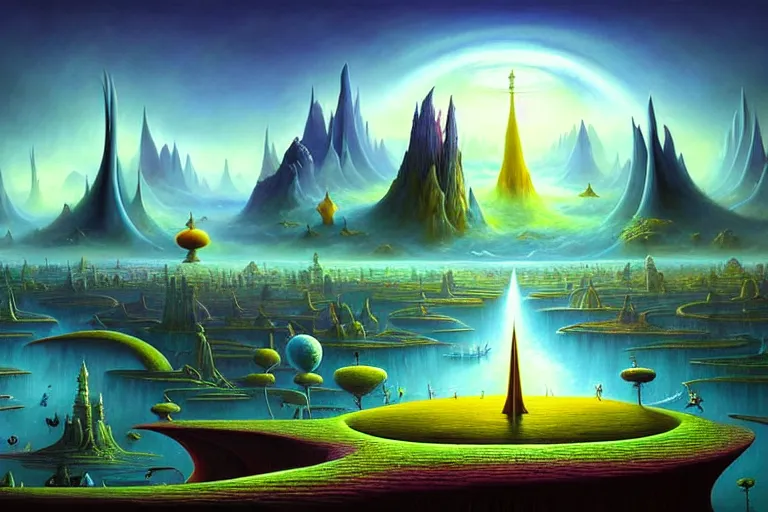 Image similar to a beautiful epic stunning amazing and insanely detailed matte painting on canvas of alien dream worlds veduta with surreal architecture designed by Heironymous Bosch, portals to new worlds, mega structures inspired by Heironymous Bosch's Garden of Earthly Delights, the nexus portal, vast surreal landscape and horizon by Cyril Rolando and Andrew Ferez, rich pastel color palette, masterpiece!!, grand!, imaginative!!!, whimsical!!, epic scale, intricate details, sense of awe, elite, wondrous, mysterious, insanely complex, masterful composition, sharp focus