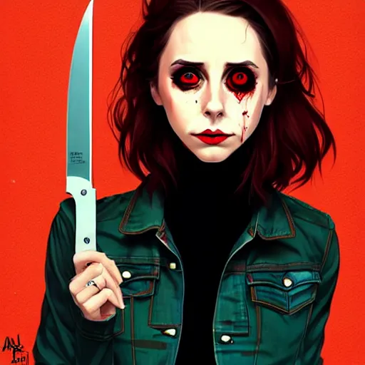 Prompt: loish, artgerm, Joshua Middleton art, pretty Alison Brie serial killer holding bloody knife in right hand, blood on clothes and face, sarcastic smile, symmetrical eyes, symmetrical face, jean jacket, jeans, short blonde hair, middle shot, night time, deep blacks