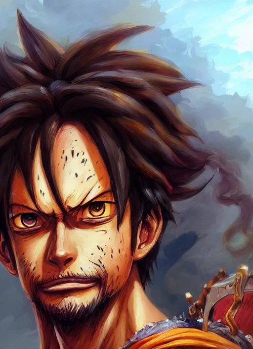 Image similar to luffy as fantasy style portrait painting of brown wavy hair beard rpg dnd oil painting unreal _ 5 _ daz. _ rpg _ portrait _ extremely _ detailed _ artgerm _ greg _ rutkowski _ greg