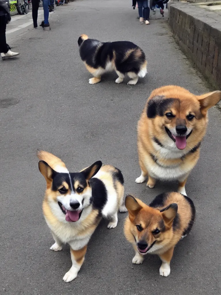 Image similar to happy corgie on the minsk street detalized morning