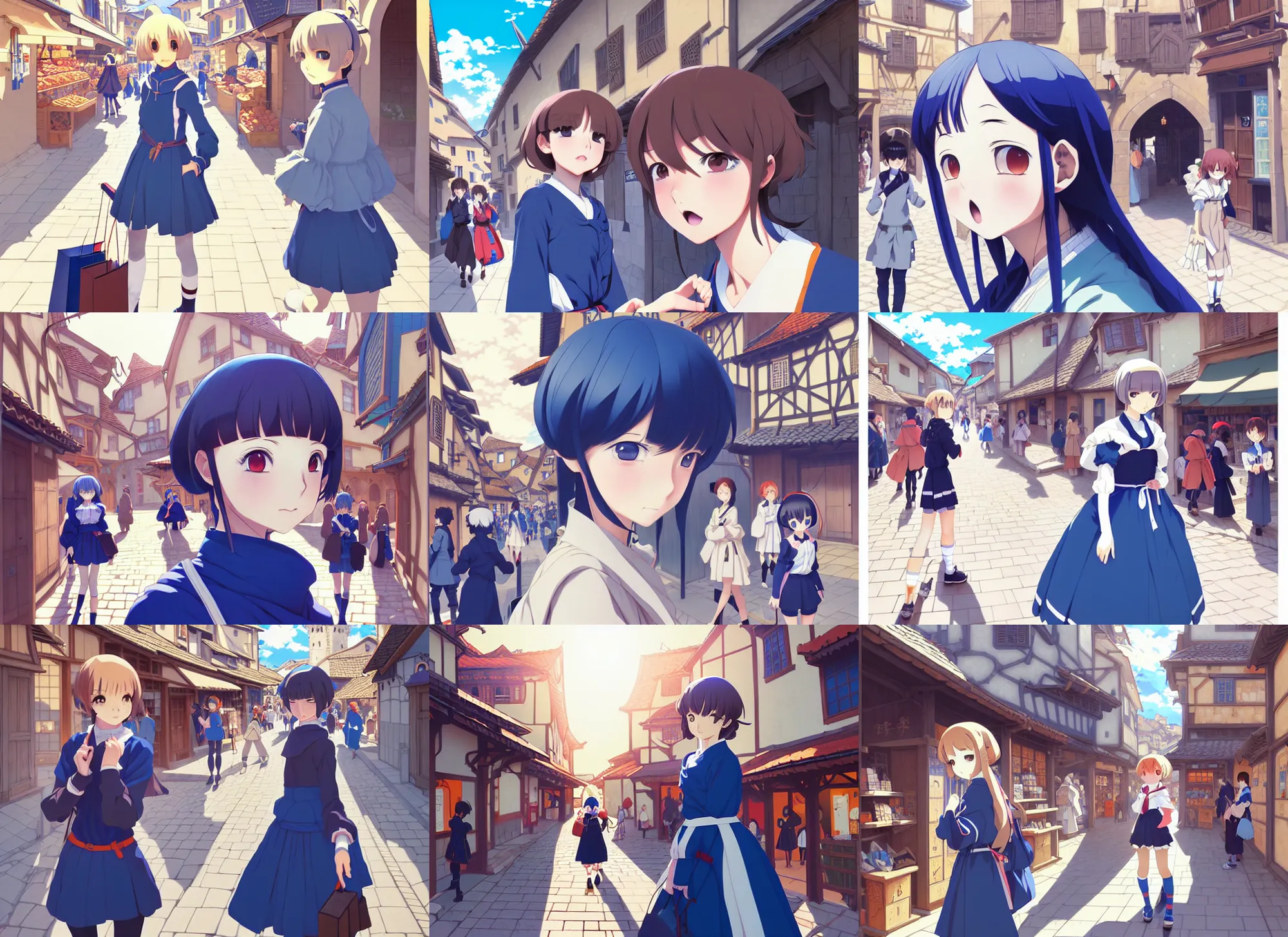 Prompt: anime visual, portrait of a young female traveler in a busy medieval village exterior shopping, blue tints, cute face by yoh yoshinari, ilya kuvshinov, makoto shinkai, dynamic pose, dynamic perspective, flat mucha shading, rounded eyes, crisp smooth clean lines, strong silhouette