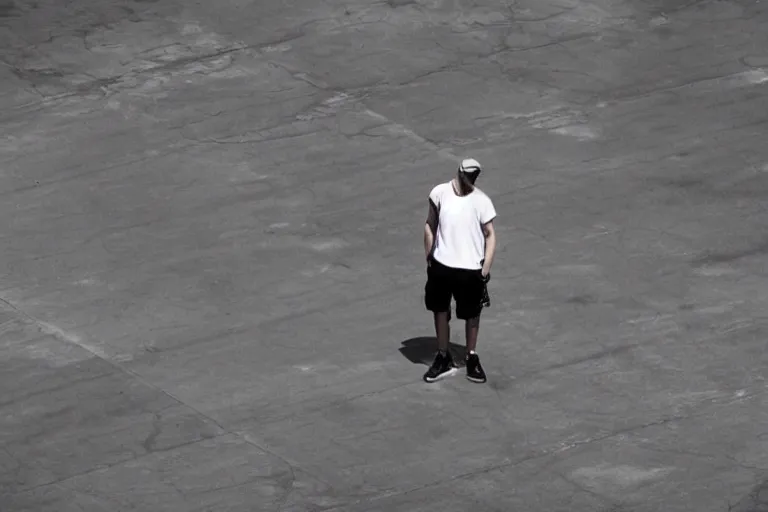 Prompt: eminem in an empty parking lot, close up shot