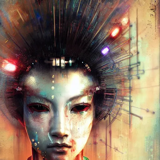 Prompt: cyberpunk geisha warrior by cy Twombly and BASTIEN LECOUFFE DEHARME, iridescent fractal, high tech