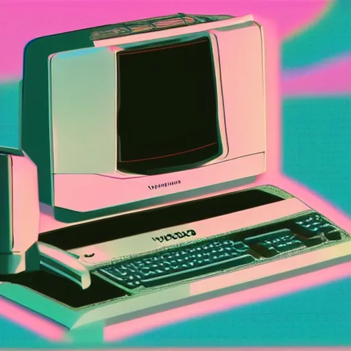 Image similar to A computer from the 90s in the style of vaporwave