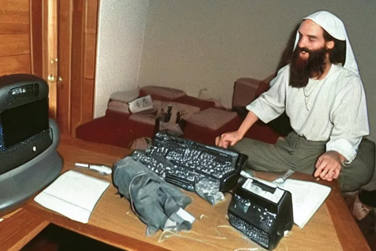 Image similar to a Photo made with a disposable camera of Jezus Christ playing a DOS game on his Personal Computer, in the year 1989