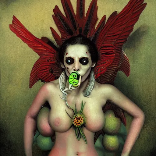 Image similar to A zingy Portrait of a possession Succubus in a nightmare disquieting environment by Ravi Zupa, trending on Pixiv.:5, 12k resolution, 16k resolution, Chromatic Abberation, Physically based rendering (PBR), FXAA, in the Style of Raster Paintings, Depth of Field:2, Olivine color scheme, blur, bokeh, dof:-1