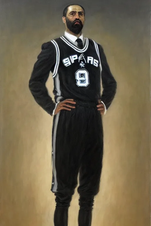 Prompt: full body portrait of the dictator of the san antonio spurs, 1 8 8 9, in full silver and black military garb, oil on canvas by william sidney mount, trending on artstation